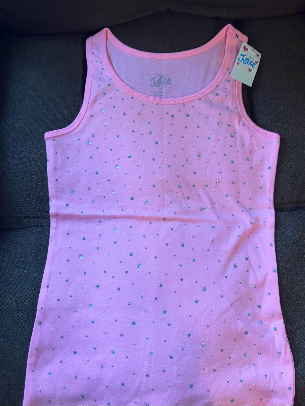 NWOT Justice Pink Tank Top with Silver Rhinestones